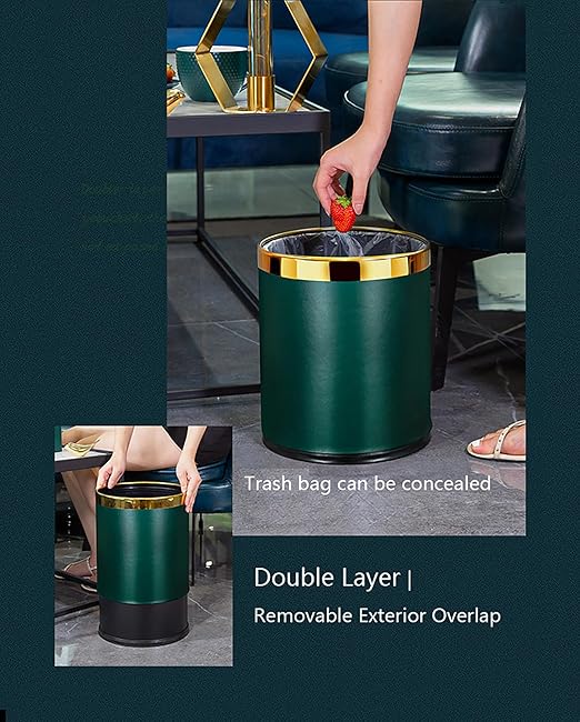 Elegant Leather Trash Can Decorative Metal Wastebasket with Removable Stainless Steel Ring - Open Top Garbage Bin for Office Bedroom Hotel (Morandi Green 10L)