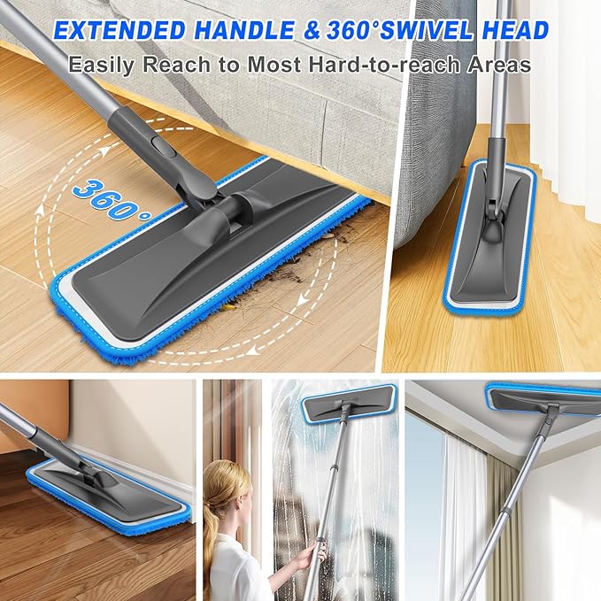 Grey Flat Floor Mop with 4 Washable Microfiber Pads for Mopping+ Blue Flat Floor Mop with 4 Reusable Chenille Pads for Dusting
