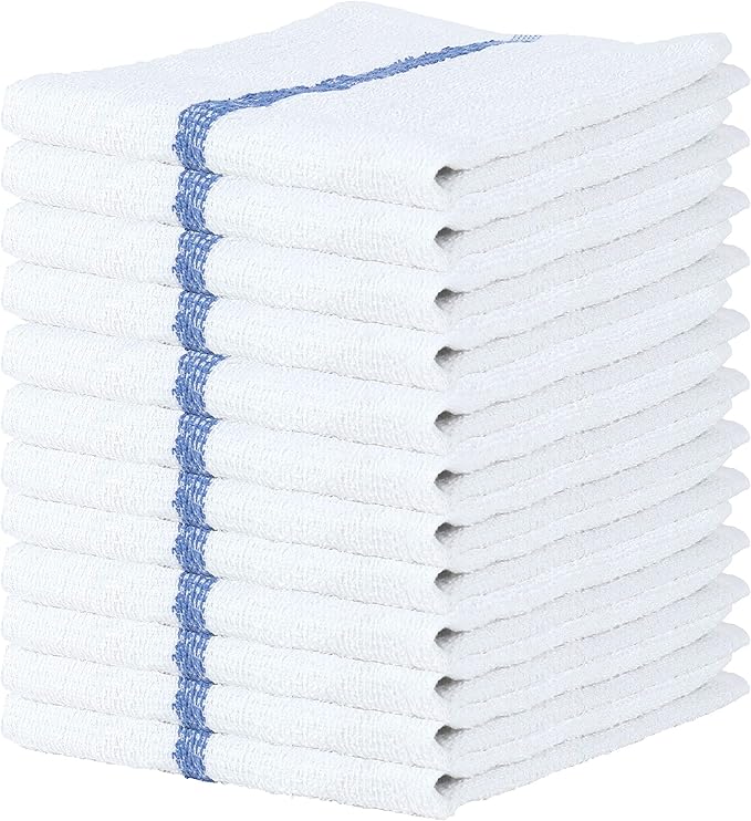 Arkwright Qwick Wick Bar Mop Towels - (Pack of 12) 100% Cotton Quick Dry Dishcloths Super Absorbent Multipurpose Cleaning Rags for Restaurants Kitchen Bathroom Hotel 16 x 19 in Blue Stripe