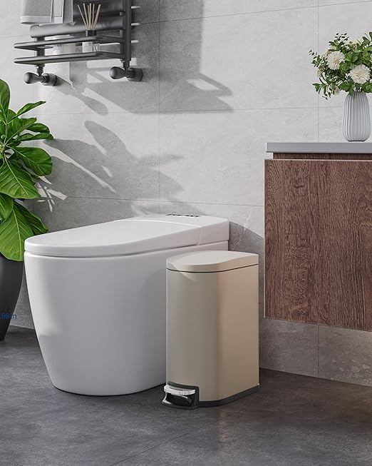 GarveeHome 2.6 Gallon Bathroom Trash Can Space-Saving Slim Stainless Steel Step-On Garbage Bin with Soft Close Lid Removable Inner Bucket for Bathroom &amp Bedroom Sand Beige