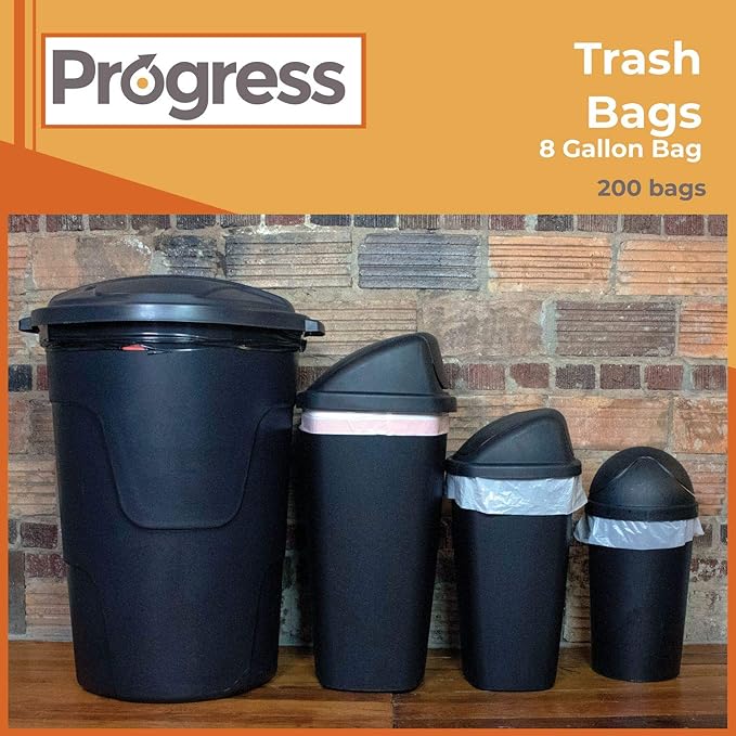 Progress Trash Bags – 8 Gallon Twist Tie Portable Garbage Bags Can Liners for Kitchen Bedroom Bathroom Office Car | Waste Disposal Supplies (200 Count)
