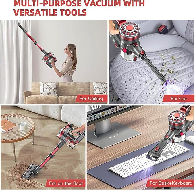Cordless Vacuum CleanerVacuum Cleaners for Home with Super SuctionLightweight Stick Vacuum with 35 Mins RuntimeRechargeable Cordless Vacuum for Carpet Tile Pet Hair Hardwood Floors(Red Grey)