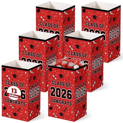 Tinlade 6 Pack 2026 Red and Black Graduation Decorations 13 Gallon Disposable Trash Cans Class of 2026 Party Garbage Bins Large Waterproof Foldable Recycle Pop up Bins for Graduation Party School