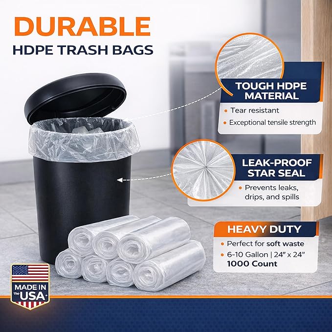 Cavero 6–10 Gallon Clear 1000 Count Trash Bags | American-Made Small Can Liners Star-Sealed Bottom Leak-Free Design Lightweight Tear-Resistant Bags 24 x 24 Bulk Value for Home Office Commercial