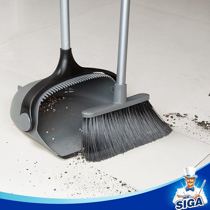 MR.SIGA Broom and Dustpan Set with Adjustable Long Handle Upright Combo for Floor Cleaning Lobby Gray