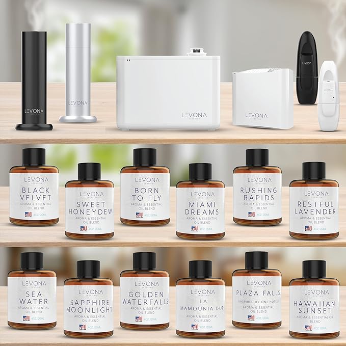 Levona Scent Essential Oil Diffuser - Plug In Air Freshener for Home Household Supplies &amp Hotel Waterless Diffuser &amp Nebulizer 500 sqft - Abela 100 Matte Black (Button Control 120ml Oil I