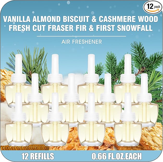 Plug In Air Freshener Refills 12ct Vanilla Almond Biscuit Cashmere Wood Fresh Cut Fraser Fir &amp First Snowfall – Wall Plug In Refill for Home –Compatible with Air Wick &amp Glade Not for Glad