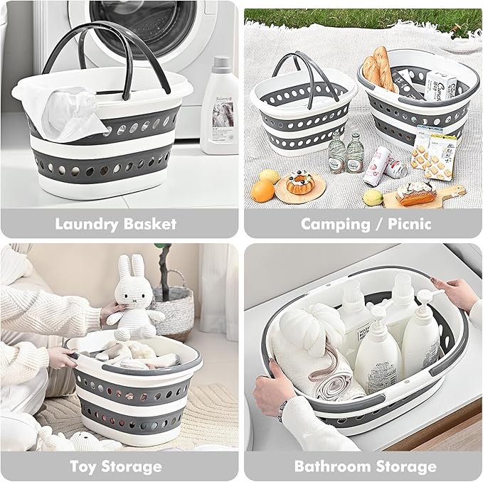2 Packs Collapsible Bucket with Handles 4.2 Gallon Foldable Laundry Basket Pop up Mop Bucket Heavy Duty Collapse Basket and Bucket Small Portable Organizer for Space-Saving Storage