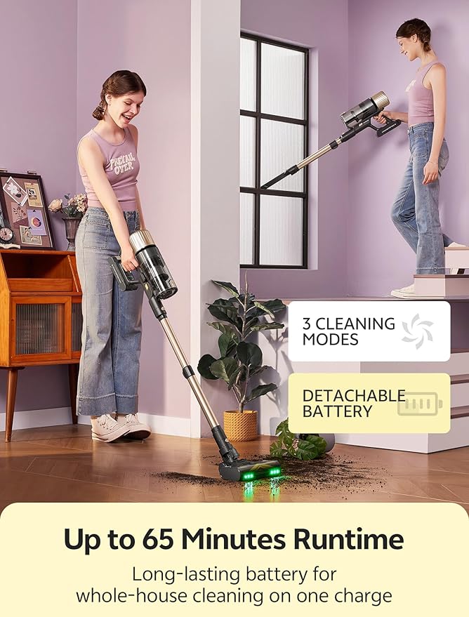 Ultenic Cordless Vacuum Cleaner 600W 60KPA 65mins Vacuum Cleaners for Home Cordless Stick Vacuum with Green Light Self-Standing &amp 180° Lay-Flat Anti-Tangled Brush for Floor/Carpet/Pet Hair