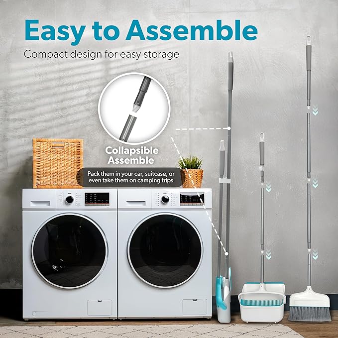 BLACK+DECKER Butler Broom and Dustpan Set for Home Short Handle Stand Up and Lightweight Space Saving Dust Pan and Broom Combo for Kitchen Living Room Bathroom Lobby Floor Use