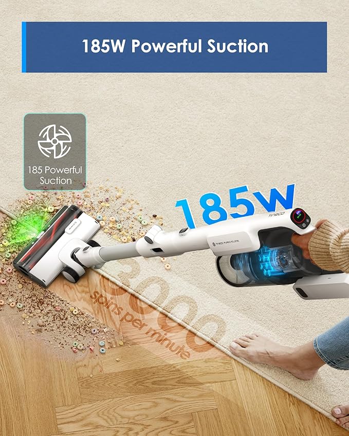 Tineco Cordless Stick Vacuum Cleaner 185W Suction1L Larger Dustbin 3DSense Power Brush PureCyclone Tech Easily Tackles Large Debris
