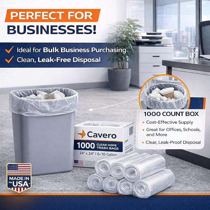 Cavero 6–10 Gallon Clear 1000 Count Trash Bags | American-Made Small Can Liners Star-Sealed Bottom Leak-Free Design Lightweight Tear-Resistant Bags 24 x 24 Bulk Value for Home Office Commercial
