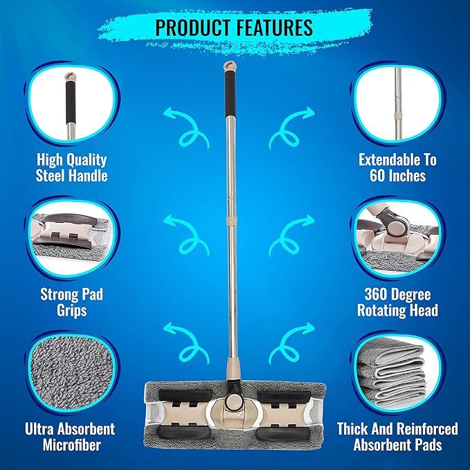MAYSHINE Microfiber Hardwood Floor Wet and Dry Dust Mop w/ 5 Reusable Pads 360 Spin Mop System | Use on Wood Tile Laminate Vinyl and More | Flat Mop with 60 Extendable Stainless Steel Handle