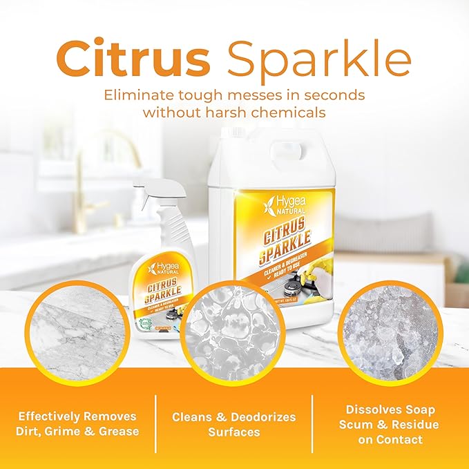 Hygea Natural Citrus Sparkle Chemical-Free Heavy Duty Degreaser &amp All Purpose Cleaner - Pure Citrus Extracts &amp Natural D-limonene - Removes Grease Dirt &amp Grime (24oz Spray &amp 128oz Gal