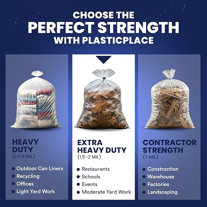 Plasticplace Heavy Duty 55-60 Gallon Trash Bags – Clear Garbage Can Liners (38” x 58”) – Durable Multiuse Puncture-Resistant 50 Count – Ideal for Kitchens Warehouses and Recycling Trashbags 1.5 Mil
