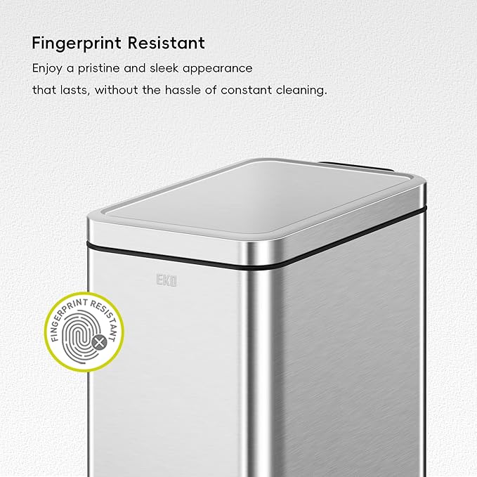 EKO Small Bathroom Trash Can with Lid Soft Close Step Pedal 10 Liter / 2.6 Gallon Stainless Steel Garbage Can with Removable Inner Bucket Anti-Fingerprint Finish (Silver)