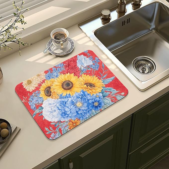 Spring Flowers Sunflower Cornflower Red Drying Dish Mat Absorbent Diatomaceous Earth Mat Dish Mat Drying Non-slip Kitchen Drainer Mat Kitchen Counter