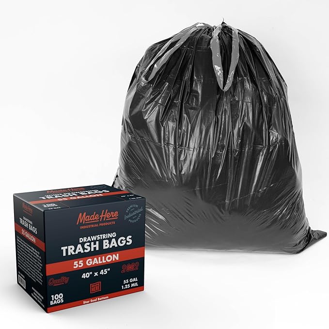 Made Here 55 Gallon Heavy Duty Commercial Trash Bags with Drawstring – Black Waste Can Liners for Office Janitorial and Facility Use Leak-Resistant 100 Count