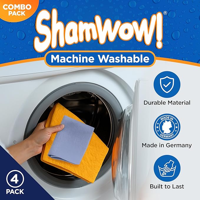 ShamWow Original Super Absorbent Multi-Purpose Cleaning Shammy Chamois Towel Cloth - Holds 10X its Weight in Liquid - Machine Washable - Will Not Scratch (4 Pack: 2 Large Orange &amp 2 Small Blue).