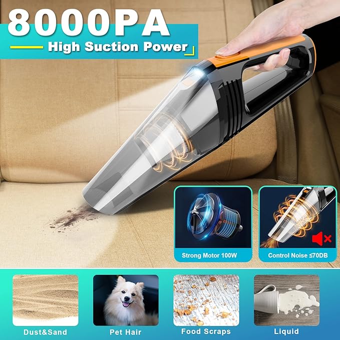 Car Vacuum Portable Car Vacuum Cleaner High Power 8000Pa Small 12V Handheld Vacuum with LED Light16.4Ft Corded Deep Detailing Cleaning Kit of Car Interior with Dry for Men/Women