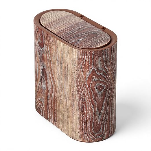 Bathroom Trash Can with Pop-Up Lid Lids Small Garbage Bin Plastic Marble Wood Pattern Trashcans Removable Liner Bucket Wastebasket Modern Narrow Waste Basket for Home Kitchen Bedroom Office