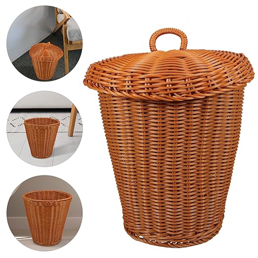 Housoutil Imitation Rattan Trash Woven Holder with Lid Handmade Round Desktop Wastebasket Brown Multi-Function Storage Basket for Home Office Bathroom Use