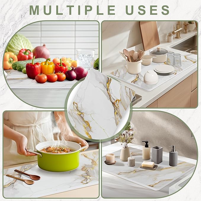 Large Stone Drying Mat for Kitchen Counter 24 × 16 Diatomite Dish Drying Mat Quick Dry Stone Mats Ultra Absorbent Natural Diatomaceous Earth Mats for Dished Bottles White Marble
