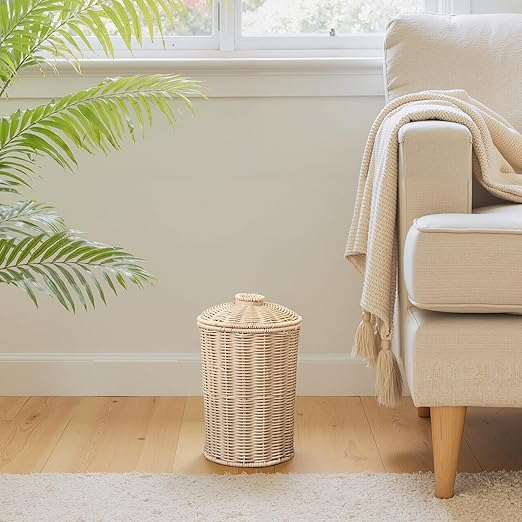 GRANNY SAYS Wicker Small Bathroom Trash Can with Lid 2 Gallon Cute Decorative Waste Basket for Bedroom and Dorm Office Garbage Cans for Under Desk Mini Round Trash Bin for Decor Off White
