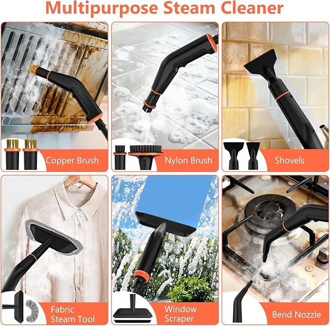 Steam Cleaner Portable Steamer for Cleaning with 16pcs Accessories 6-Level Adjustable 15s Heat-Up Handheld Steam Cleaner for Home for Tile Grease Dirt Grout Car Detailing Orange
