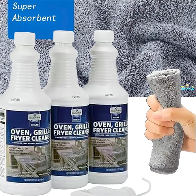 Heavy-Duty Oven Grill &amp Fryer Cleaner Kit – 3 Bottles (32 fl oz Each) + Trigger Sprayer + Microfiber Cloth + Dual-Sided Sponge – Commercial Grade