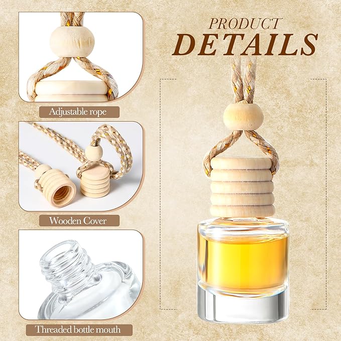 BBTO 200 Pcs Hanging Car Diffuser Bottles Bulk Empty Clear Glass Air Freshener Bottles with Wooden Cap for Perfume Essential Oils Fragrance Aromatherapy Ornament(Cylinder)
