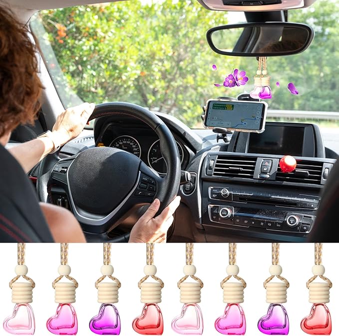 Rtteri 100 Pcs Hanging Car Air Freshener Diffuser Bottles Empty Glass Perfume Diffuser Vials Refillable Oil Aromatherapy Pendant with Wooden Caps and Hanging String for Car Home Office Decor(Heart)