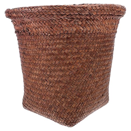 Straw Woven Wastebasket Small Trash Can Coffee Color Medium Size Household Office Waste Paper Basket for Bedroom Bathroom Countertop Use
