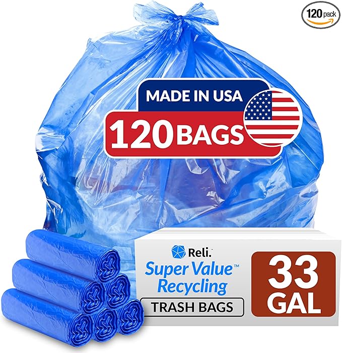 Reli. SuperValue 33 Gallon Recycling Bags (120 Count) Made in the USA - Blue Trash Bags 30-33 Gallon | Recycling Garbage | 33Gal with 30Gal - 35Gal Capacity