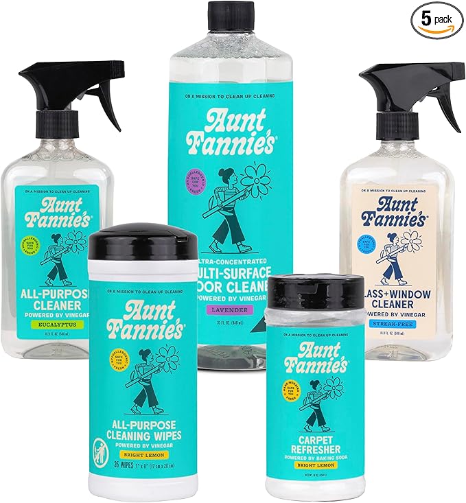 Aunt Fannie's Whole Home Cleaning Bundle: All Purpose Spray Floor Cleaner Glass &amp Window Cleaner Multi-Surface Wipes Carpet Refresher