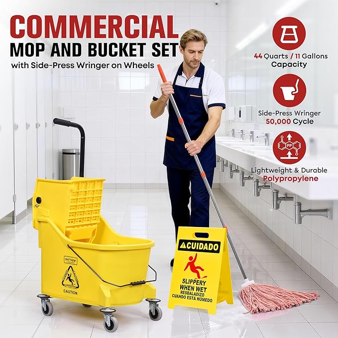 Matthew Cleaning 44Quart Commercial Mop Bucket INCL.Wet String Mop&amp 19'' Industrial Wet Floor Sign with Side Press Wringer On WheelsTandem Portable Floor Cleaning WavebrakeIdeal for Household