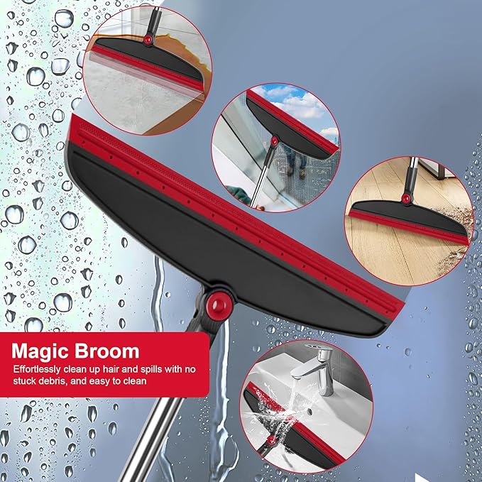 Broom with Dustpan Combo Set and Silicone Air Broom Kit 51 Long Handle Floor Squeegee Red Household Kit for Glass Window Rugs Pet Hair Home
