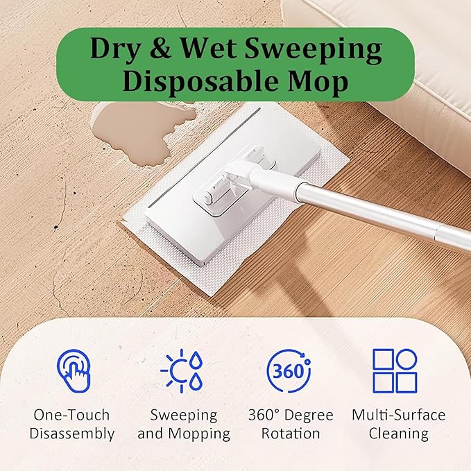 Lazy Mop Clip On - Disposables Dust Mop With 10 Reusable Cloths Automatic Cloth Changing Hands-free Mini Mops With 360°Rotating HeadCompatible With Reusable Towels &amp Disposables Wipes For Floor
