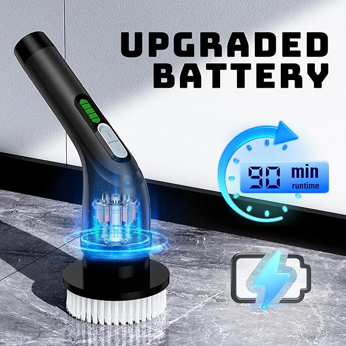 Shower Scrubber with Long Handle - Bathroom Power Electric Spin Scrubber for Cleaning Bathtub with 7 Brush Heads - Cordless IPX7 Waterproof Automatic for Grout Tile Tub Toilet Car