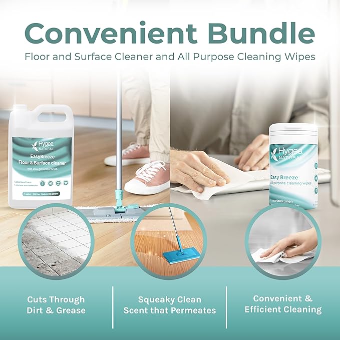 Hygea Natural EasyBreeze Ultimate Cleaning Bundle - PH Neutral Floor &amp Hard Surface Cleaner with All-Purpose Wipes - Luxurious Linen Scented (1 Gallon Floor Cleaner 50 ct. Wipes)
