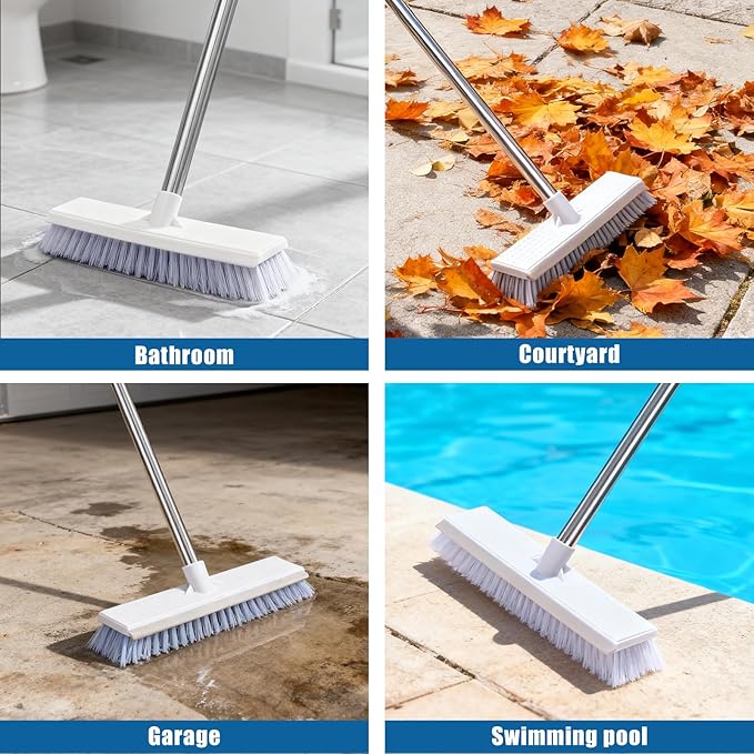 Flat Mop and Bucket Set with Floor Squeegee Heavy Duty Scrub Brush 2 Washable Reusable Microfiber Pads for Tile Hardwood Wall Cleaning Home Indoor or Outdoor Cleaning (White-Gray)