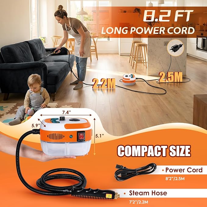 2500W Handheld Steam Cleaner Pressurized Steam Cleaning Machine with 3 Brush Heads 20s Heat Up 1L Tank Multipurpose Mini Portable Steamer for Tile Grout Furniture Kitchen Car Home