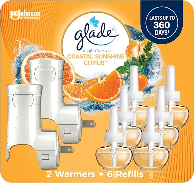 Glade PlugIns Refills Air Freshener Starter Kit Scented and Essential Oils for Home and Bathroom Coastal Sunshine Citrus 4.02 Fl Oz 2 Warmers + 6 Refills