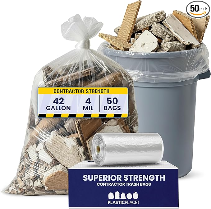 Plasticplace 42 Gallon Contractor Trash Bags │ 4.0 Mil │Clear Heavy Duty Garbage Bags │ 33 x 48 (50 Case)