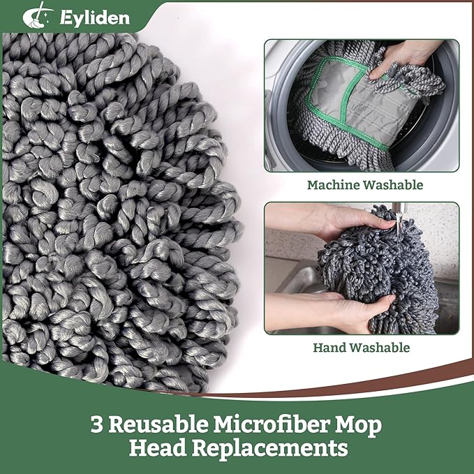 Eyliden Pro Dust Mops for Floor Cleaning - Total 3 Washable Microfiber Pads One-Click Replacement Telescopic Handle Professional Design for Floors &amp Pet Hair (Grey+Green)