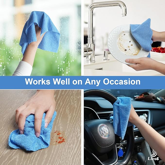 LIVOS Microfiber Cleaning Cloth Roll - 80 Pack Reusable Paper Towels Blue Tear Away Microfiber Towels for Cars Super Absorbent Lint Free Cleaning Rags for House Kitchen Window-11.5x11.5