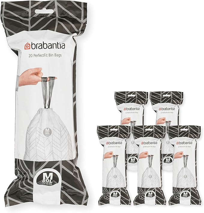 Brabantia PerfectFit Trash Bags (Size M/16 Gal) Thick Plastic Trash Can Liners with Drawstring Handles (120 Bags)