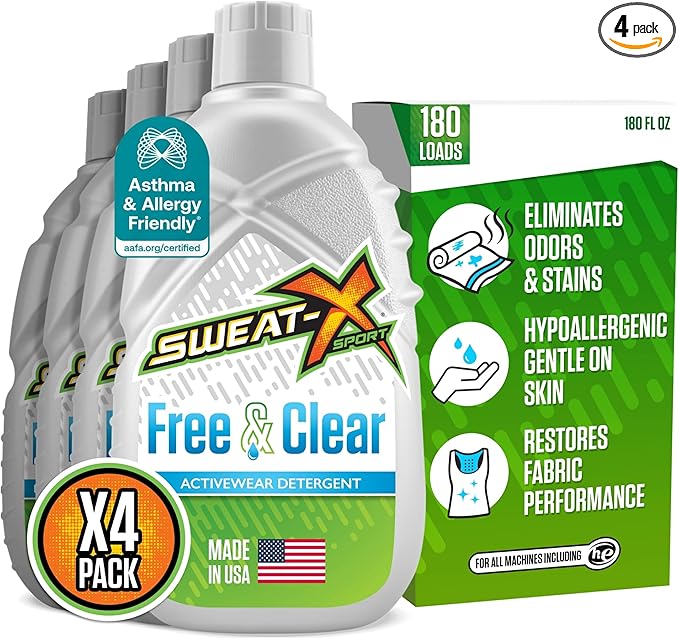 SWEAT X Free &amp Clear Laundry Detergent Liquid - Natural Non Toxic Laundry Detergent for Sensitive Skin - Gentle Washing Detergent for Activewear &amp Performance Fabrics - 45 Loads/Bottle 4 Bott