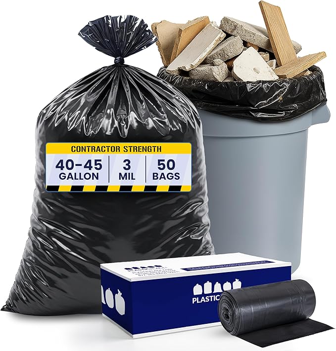 Plasticplace Contractor Trash Bags 40-45 Gallon │ 3.0 Mil │ Black Heavy Duty Garbage Bag │ 40” x 48” (50 Count)