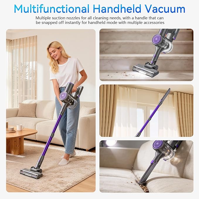 BlueEpic Cordless Vacuum Cleaner 45KPA 45Mins Rechargeable Vacuum Cordless Stick Vacuum with 2 Adjustable Modes Handheld Vacuum for Home/Pet Hair/Carpet/Floor (Purple)